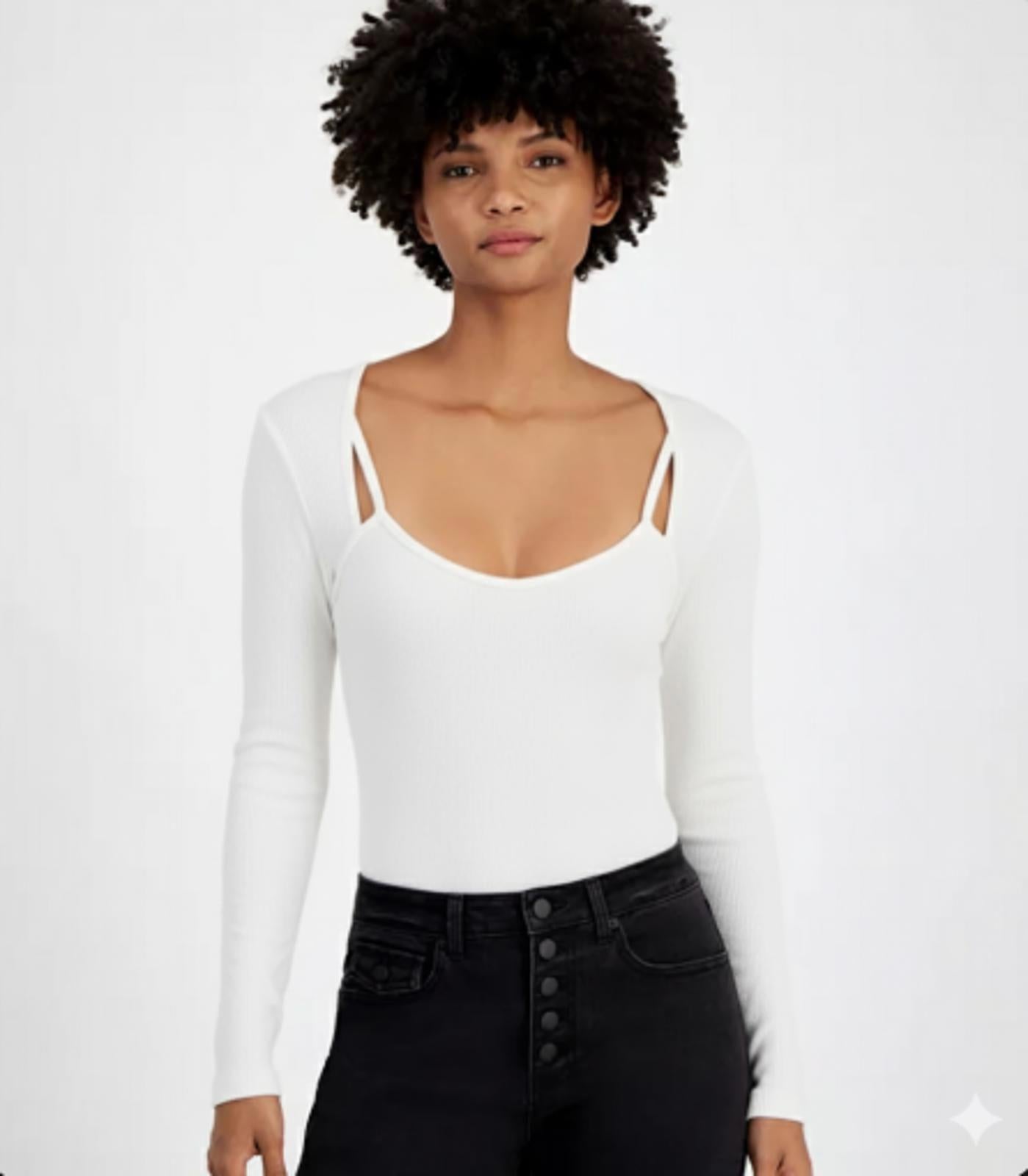 SELF ESTEEM JUNIORS RIB-KNIT OVERLAY LONG SLEEVE WHITE - Size - Medium