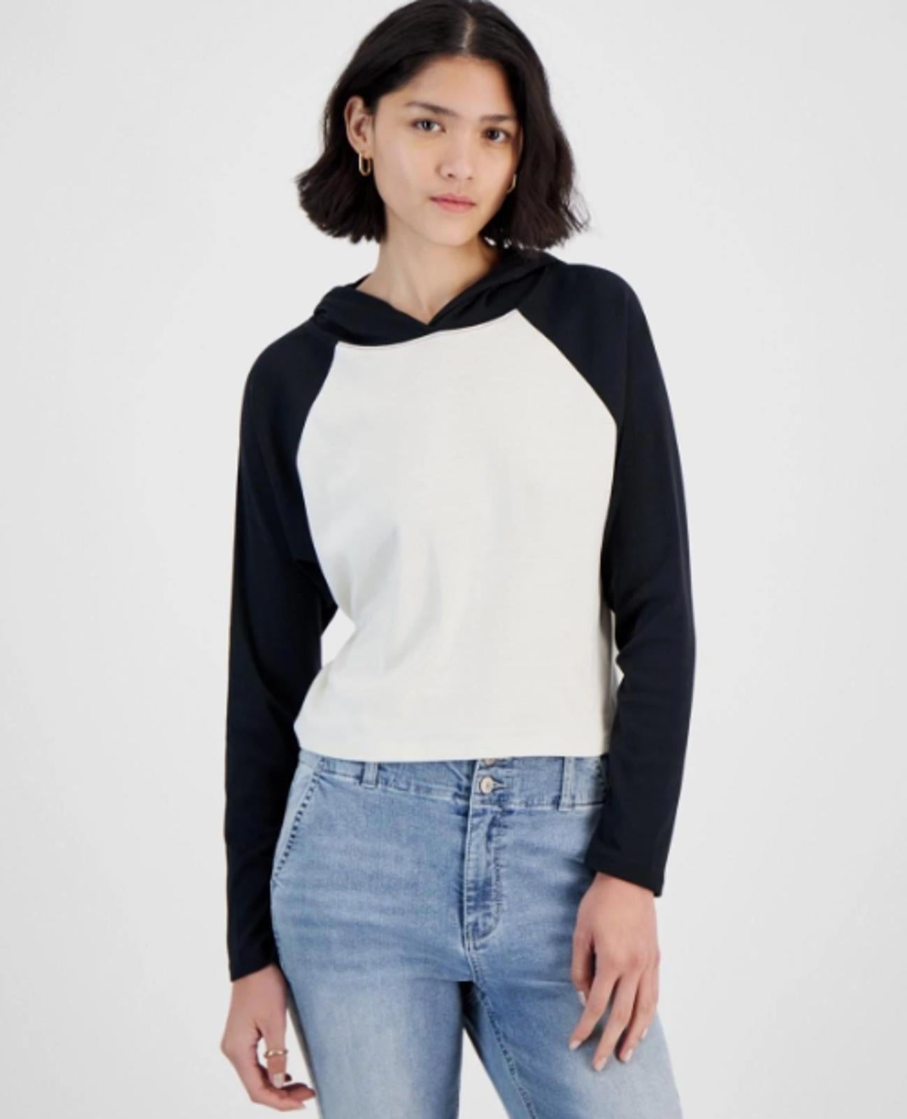 HIPPIE ROSE JUNIORS RAGLAN SLEEVE HOODED WHITE BLACK - Size - XS