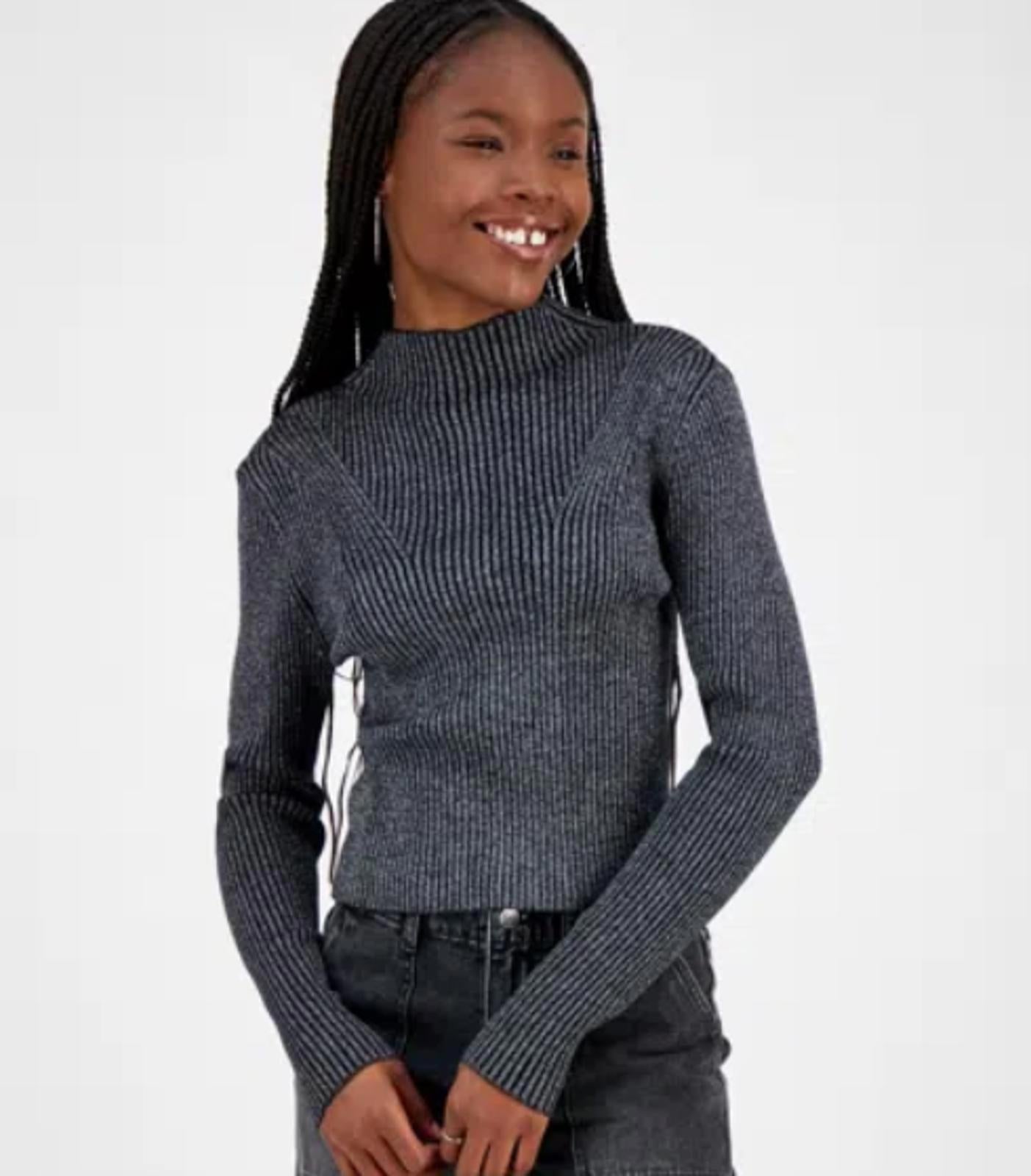MADDEN GIRL JUNIORS METALLIC RIBBED MOCK SWEATER - BLACK - Size - Large