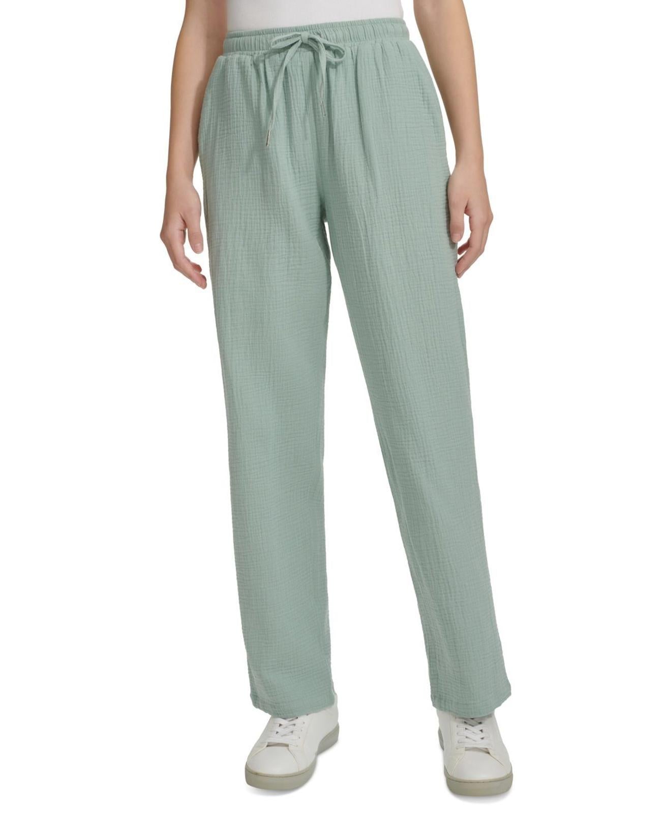 Calvin Klein Women's Crepe Gauze Relaxed Straight-Leg Waist Pants - Size Med