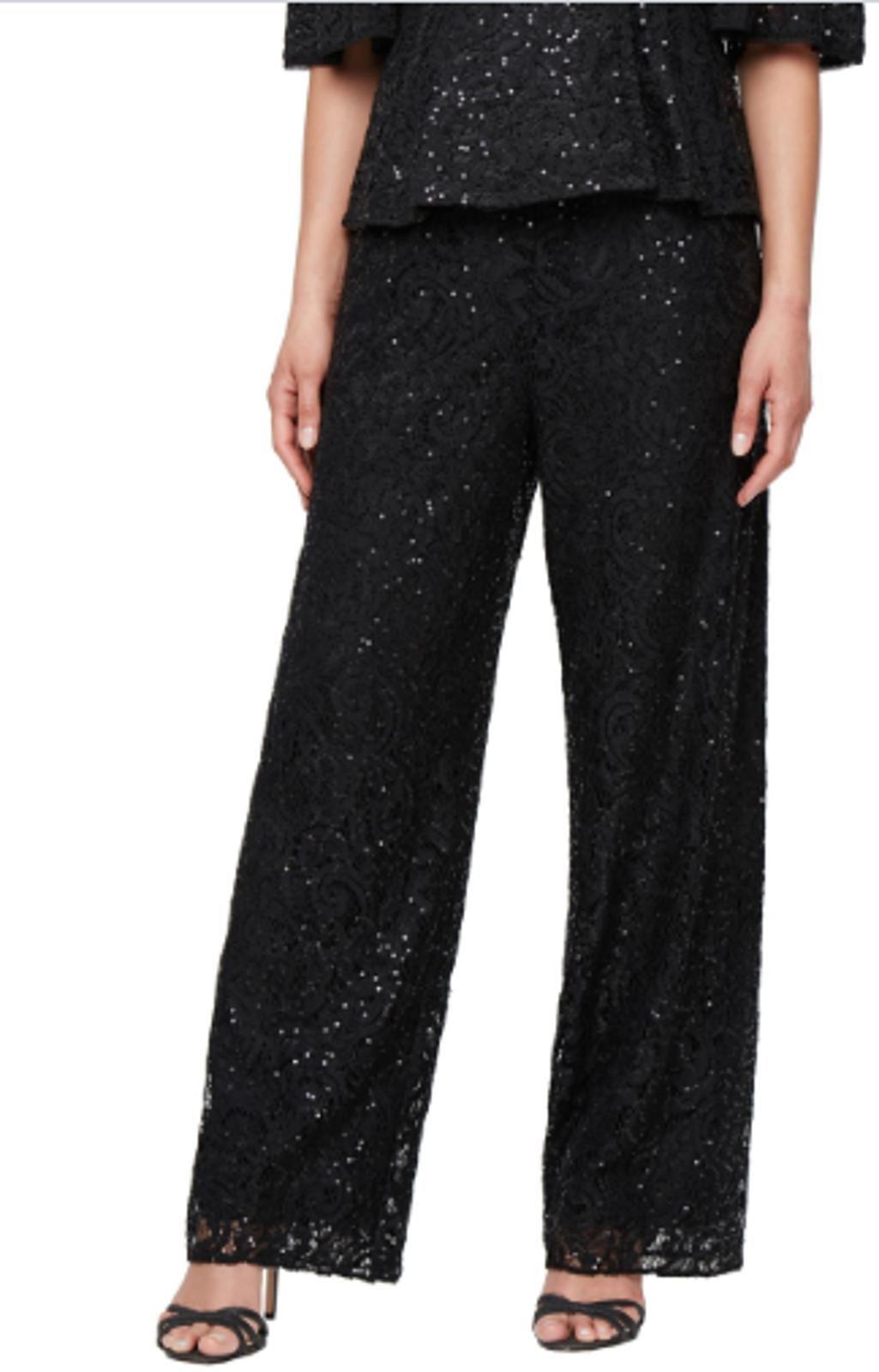 ALEX EVENINGS WOMENS HIGH RISE WIDE-LEG SAT BLACK - Size - L