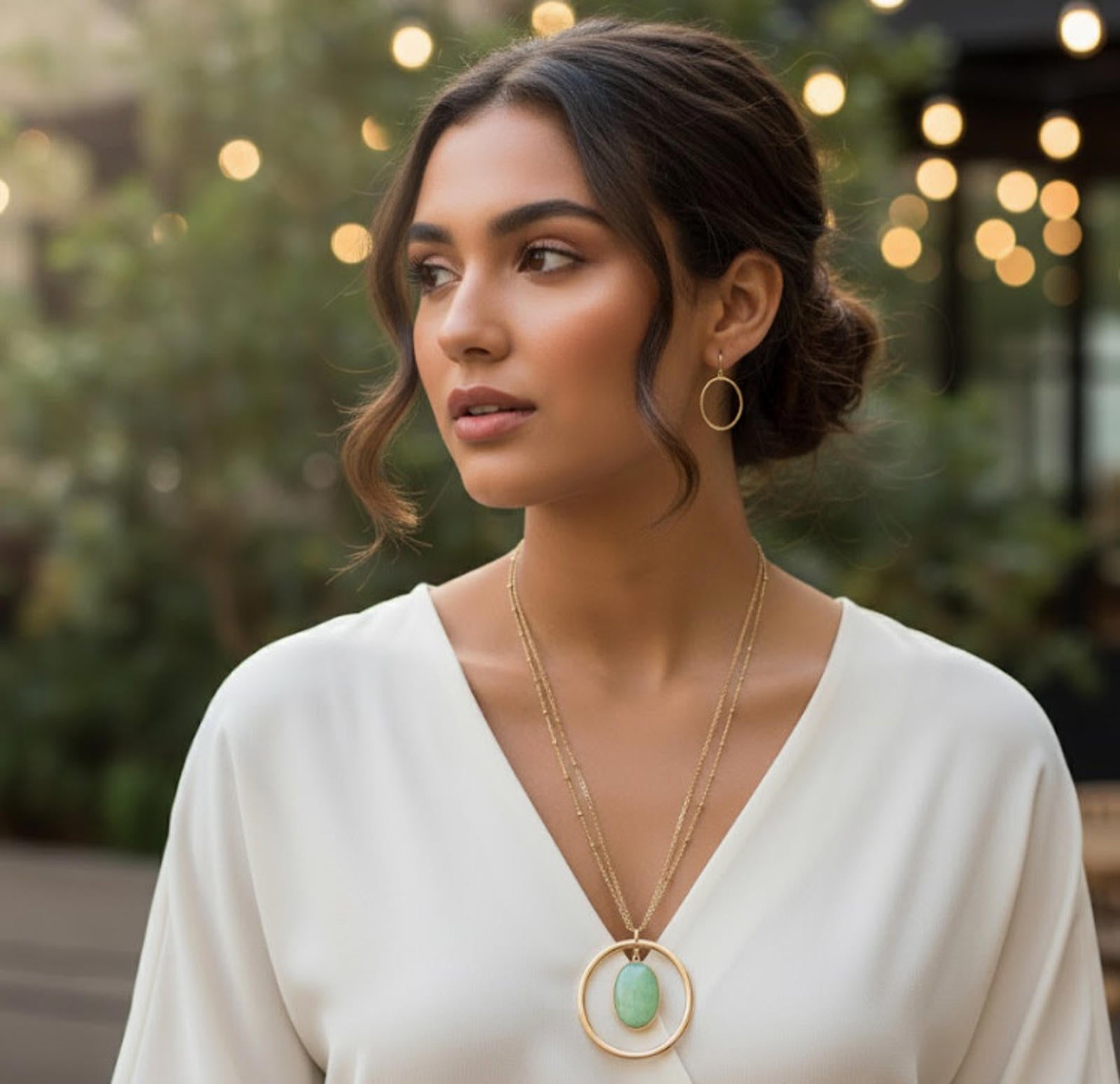 Massini Double Chain Necklace & Pendant With Earrings Set Green Glass NEW Gold