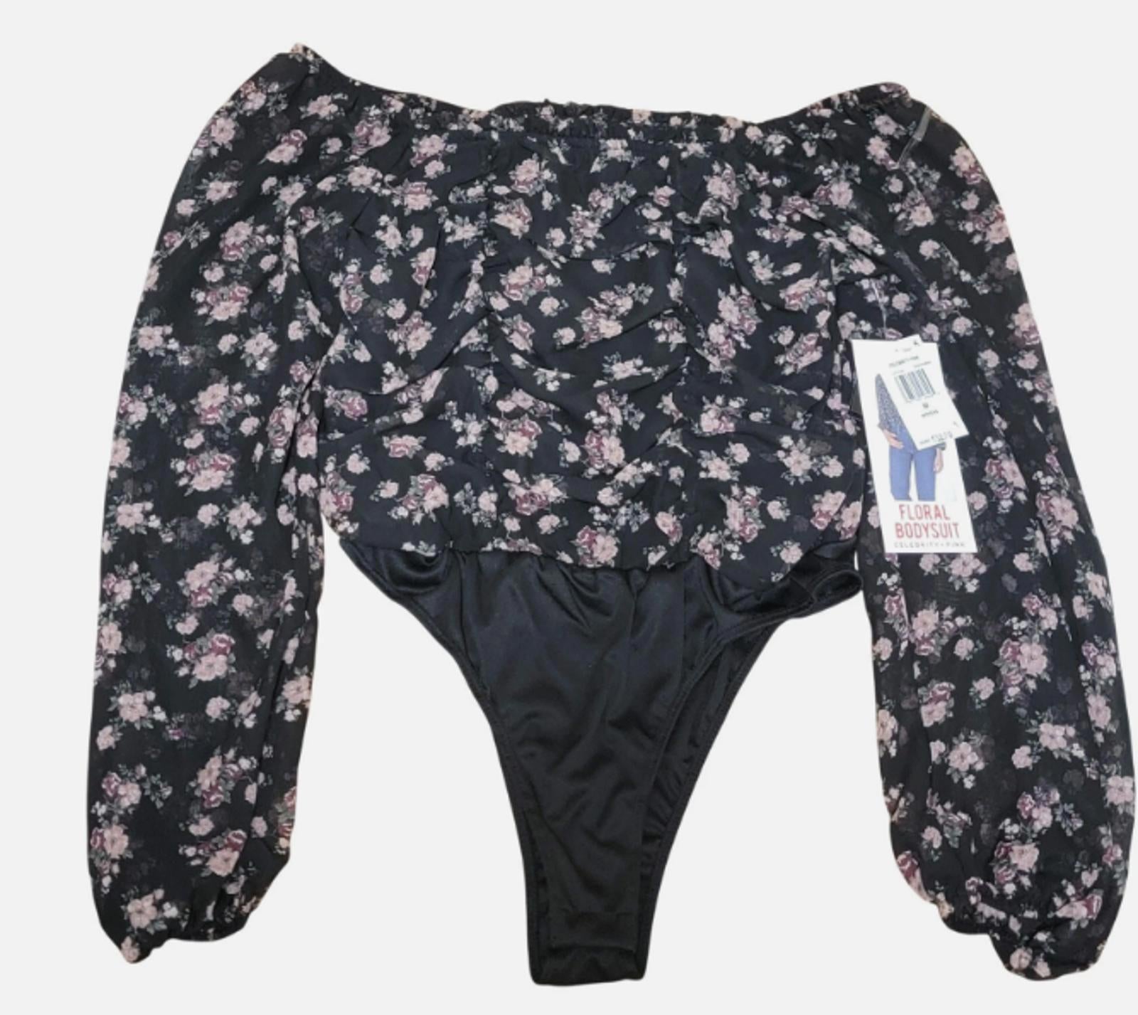 CELEBRITY PINK BODYSUIT RUCHED LONG-SLEEVE TOP BLACK FLORAL - Size Medium
