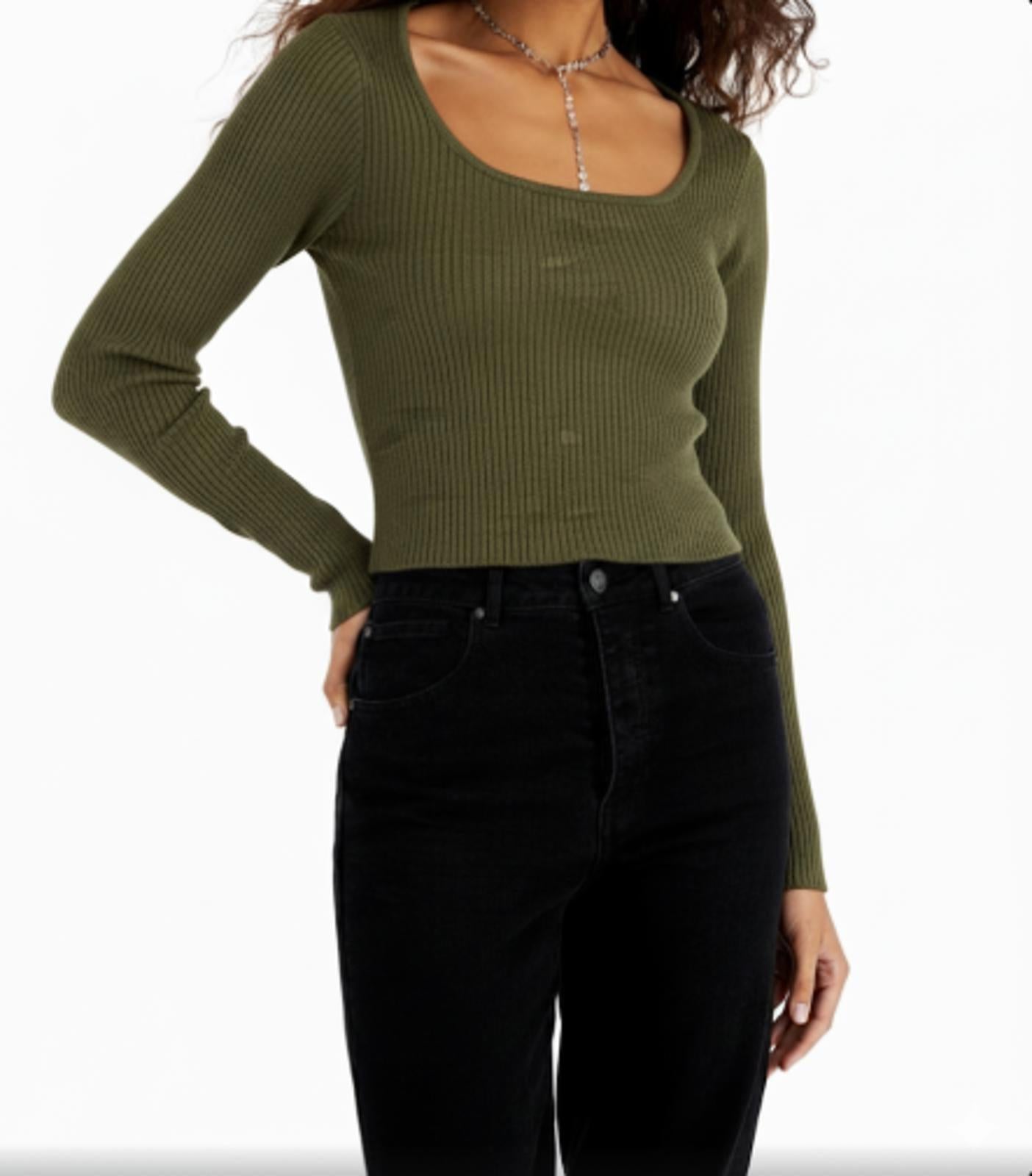 HOOKED UP BY IOT JUNIORS LONG SLEEVE BUSTIER TOP CAMO GREEN - Size - L