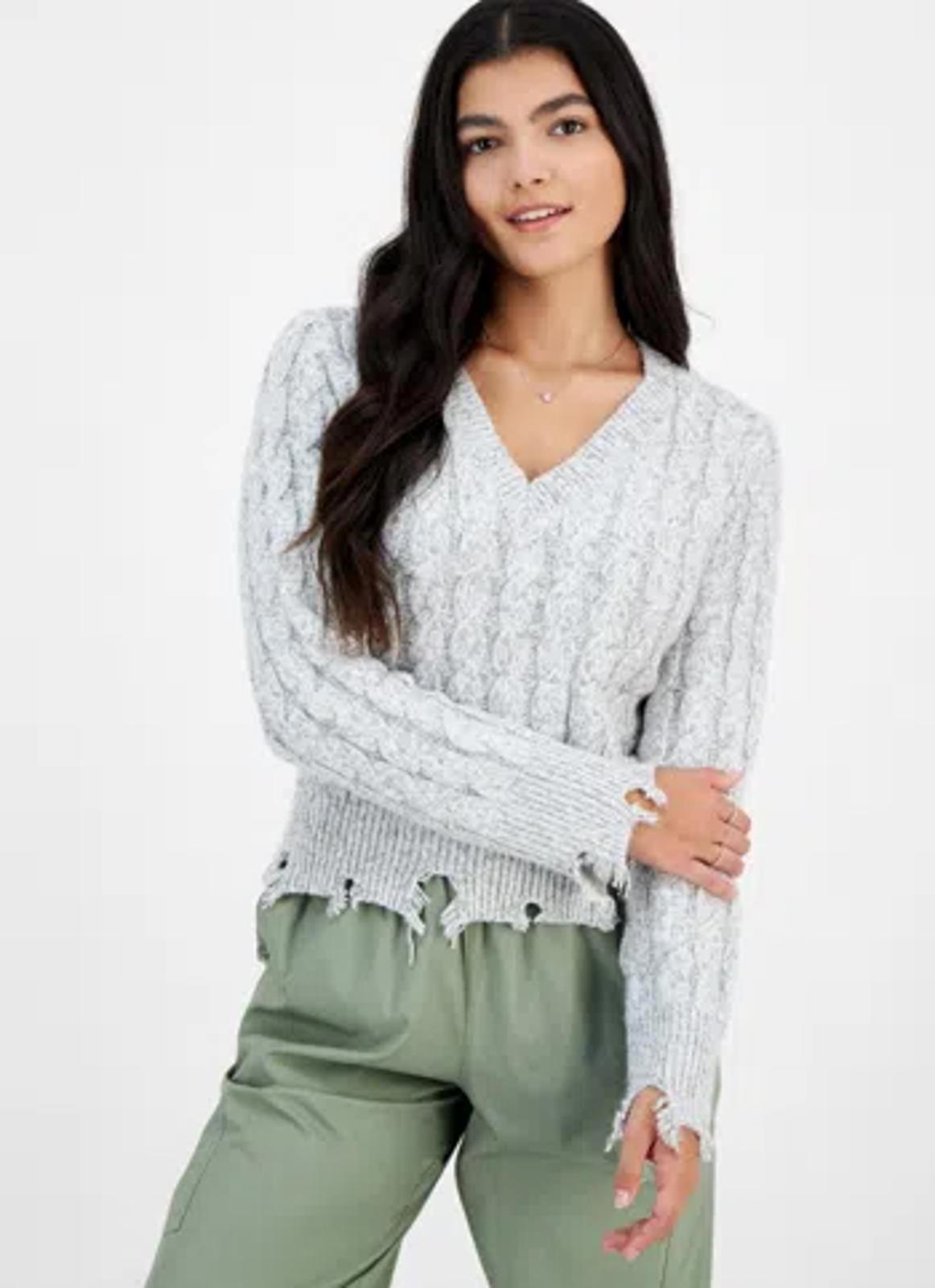 PLANET HEART JUNIORS CABLE-KNIT DISTRESSED SWEATER  - Size - Medium