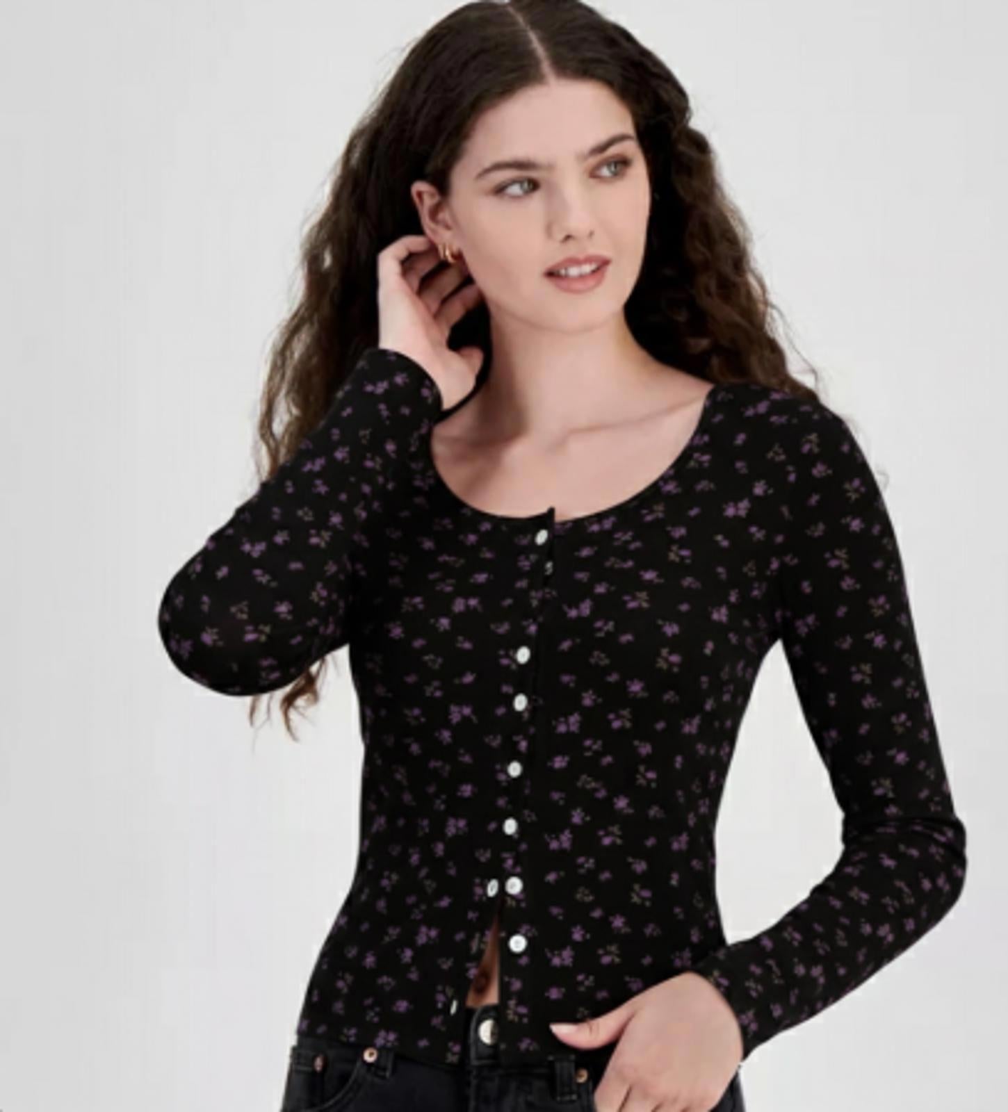 JUST POLLY JUNIORS RIBBED BUTTON-FRONT LONG SLEEVE - BLACK - Size - Medium