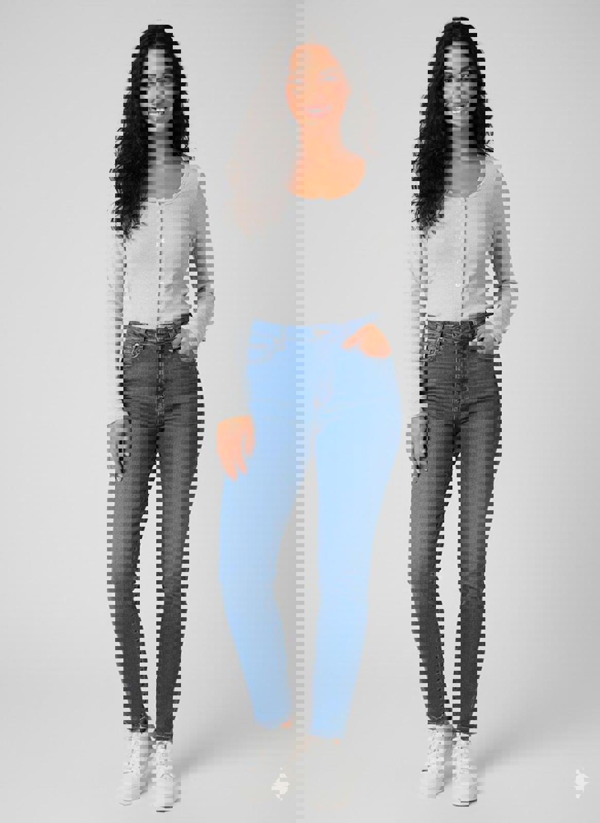 JUST POLLY JUNIORS RIBBED BUTTON-FRONT LONG SLEEVE - BLUE- Size - XL