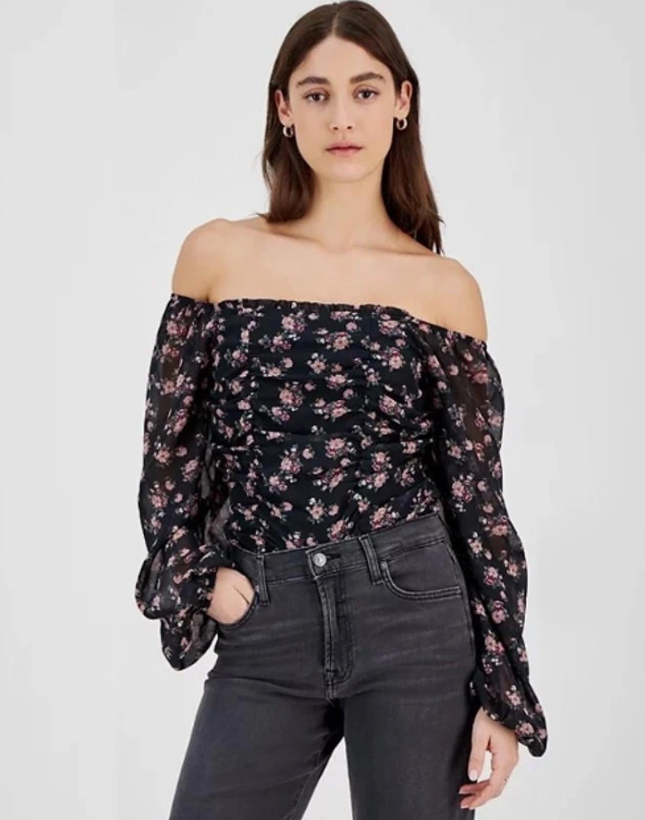 CELEBRITY PINK BODYSUIT RUCHED LONG-SLEEVE TOP BLACK FLORAL - Size Small