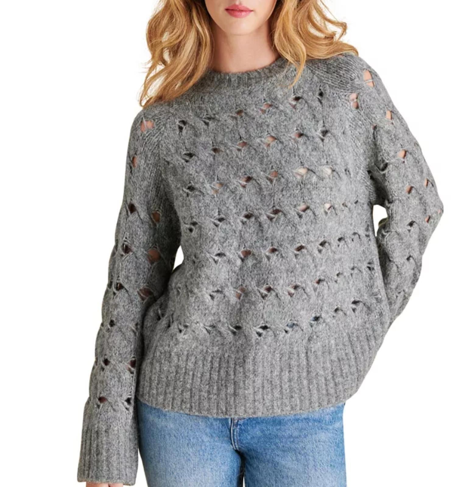 Steve Madden Sonora Oversized Open-Stitch Sweater Grey Gray - Size XL