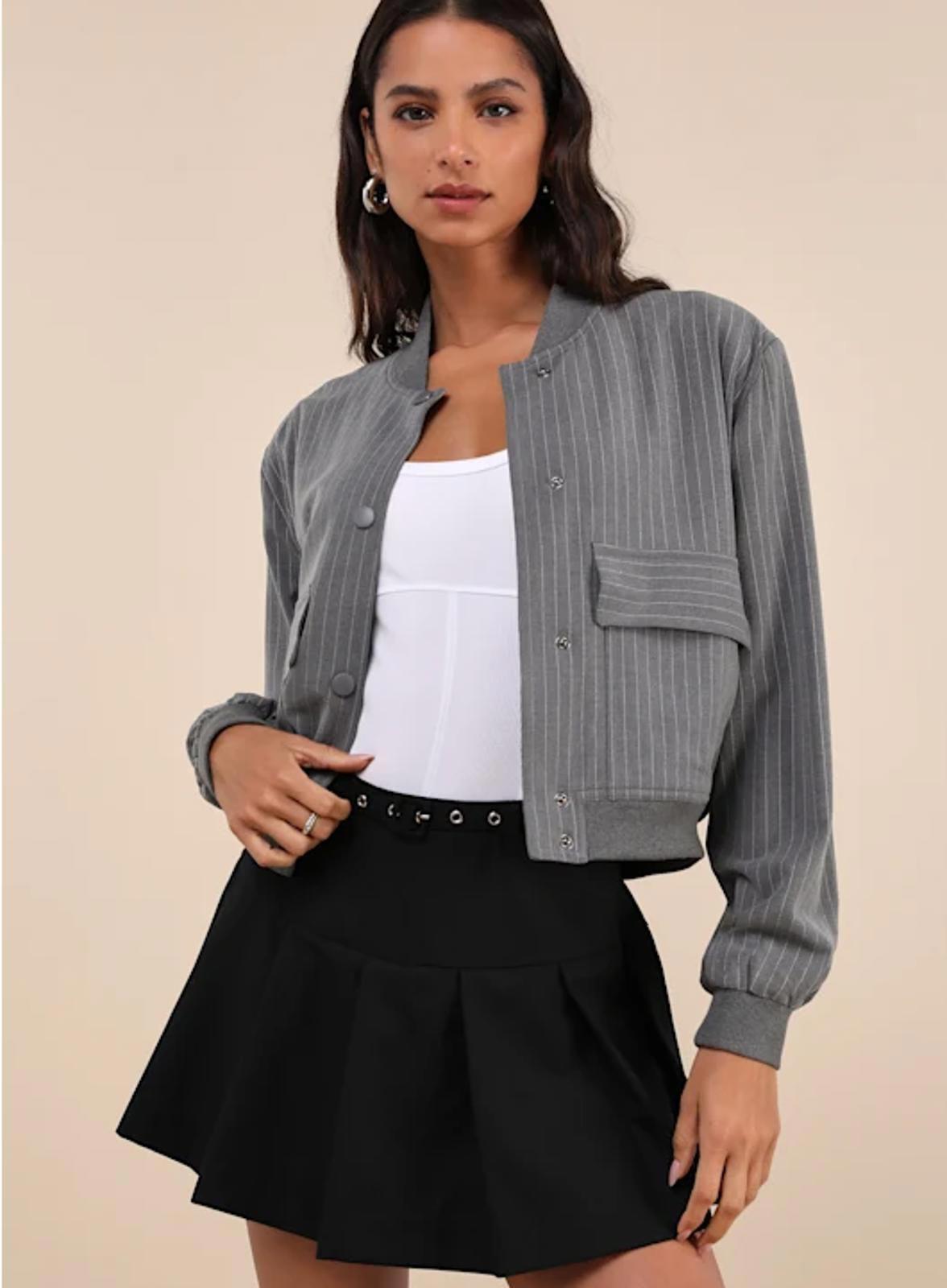 STEVE MADDEN WOMENS ARDINE PINSTRIPE BOMBER JACKET GREY - Size - L