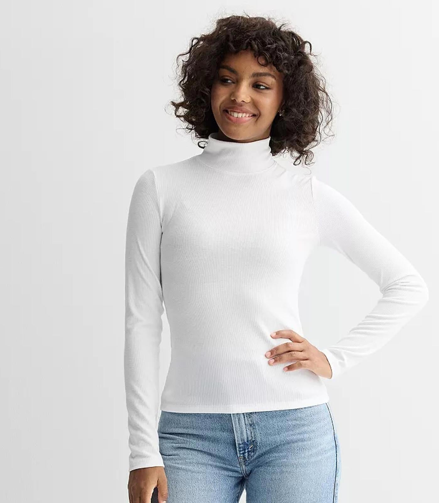 HOOKED UP BY IOT JUNIORS MOCK-NECK RIB-KNIT LO BRIGHT WHITE - Size - Large