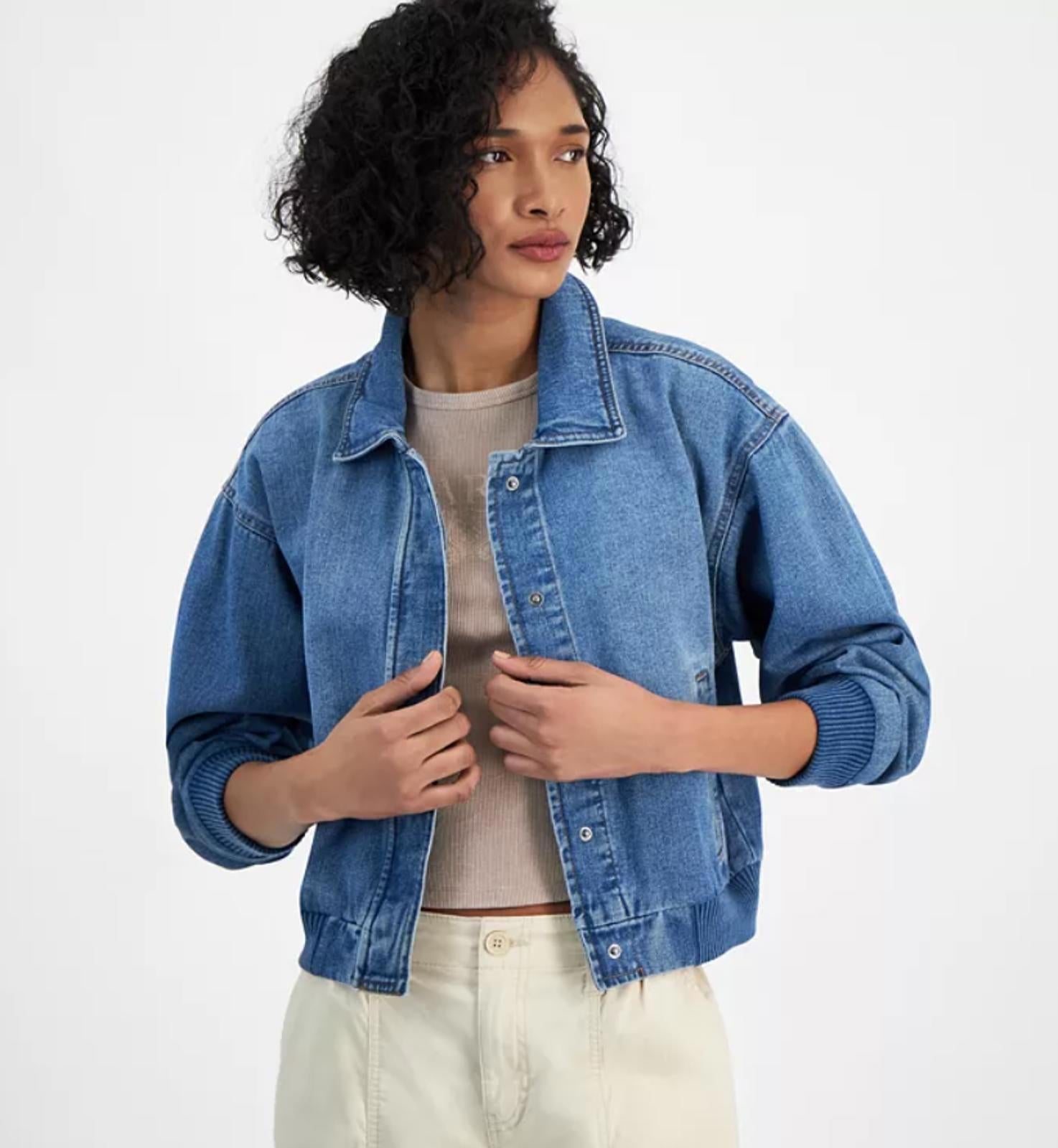 CELEBRITY PINK JUNIORS RIBBED-HEM DENIM BOMBER JACKET Size - S