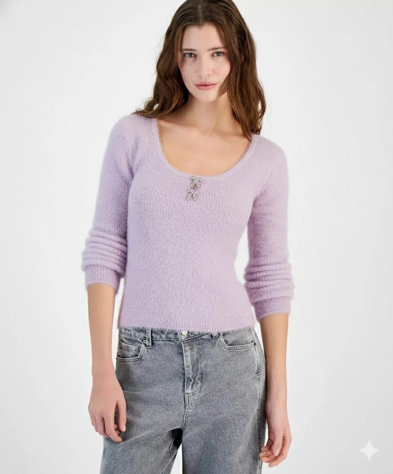 PLANET HEART JUNIORS BOW-TRIM SCOOP-NECK SWEATER - Size - Large