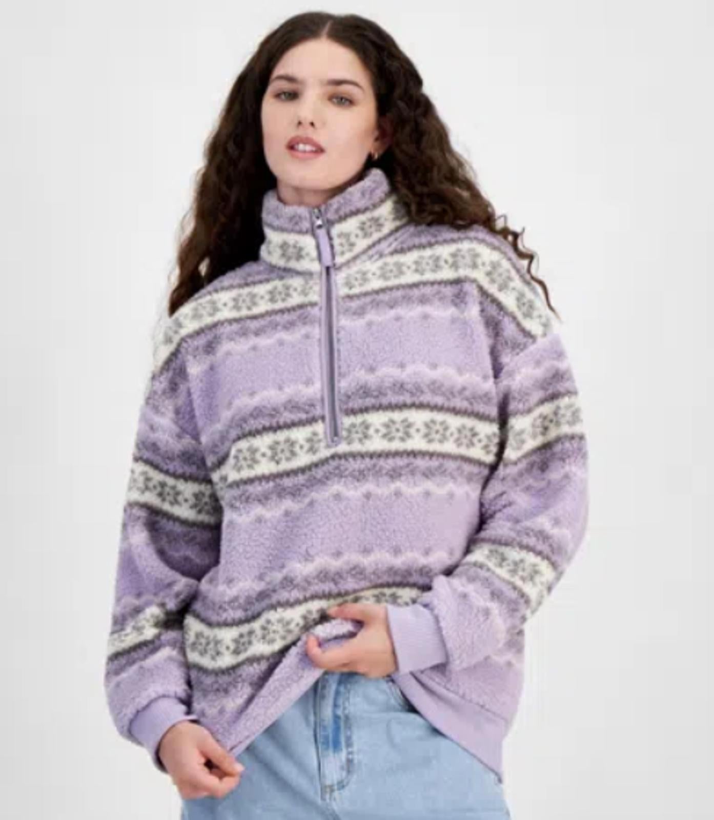HIPPIE ROSE JUNIORS SHERPA HALF-ZIP PULLO LAVENDER FAIRISLE - Size - XL