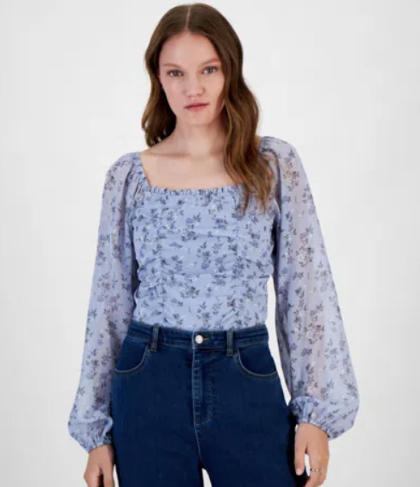 CELEBRITY PINK BODYSUIT RUCHED LONG-SLEEVE TOP ICEBLUE FLORAL - Size Small