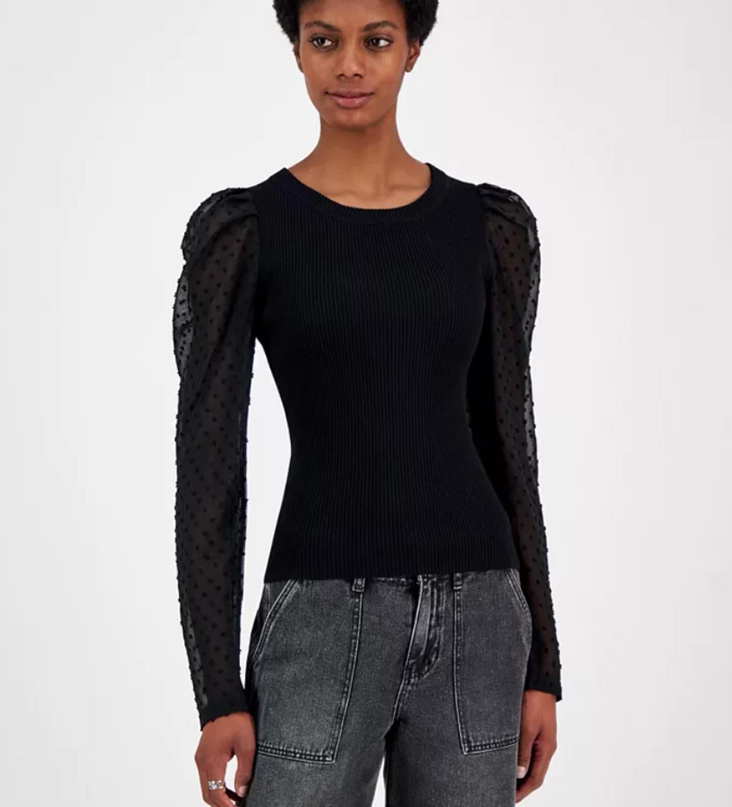 MADDEN GIRL JUNIORS RIBBED CLIPDOT-SLEEVE TOP BLACK - Size - XS