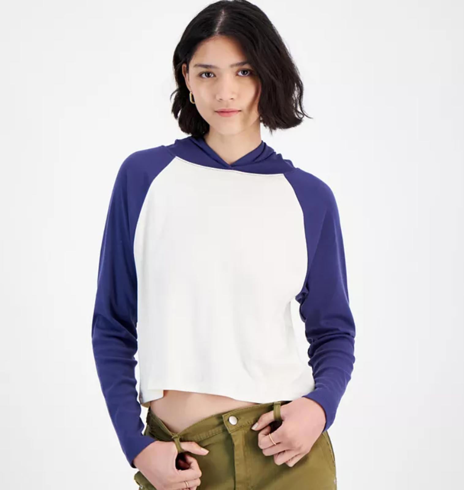 HIPPIE ROSE JUNIORS RAGLAN SLEEVE HOODED WHITE NAVY - Size - Small